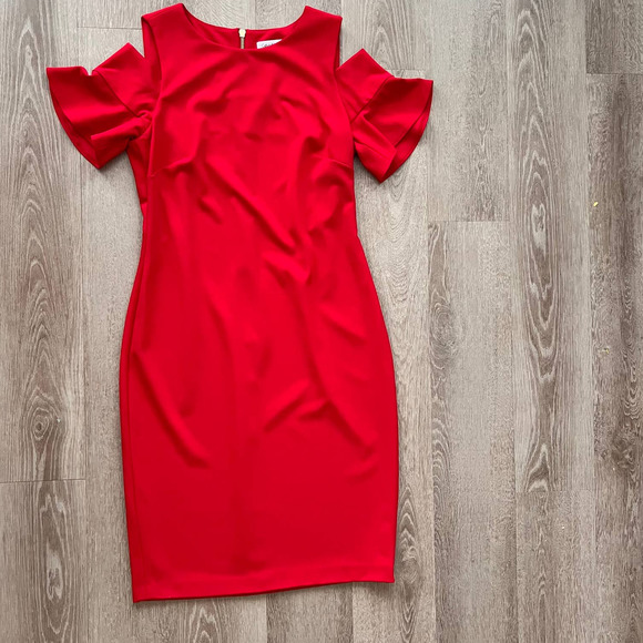 Calvin Klein Dresses & Skirts - Calvin Klein Size 10 Red Short Sleeve Open Shoulder Midi Dress